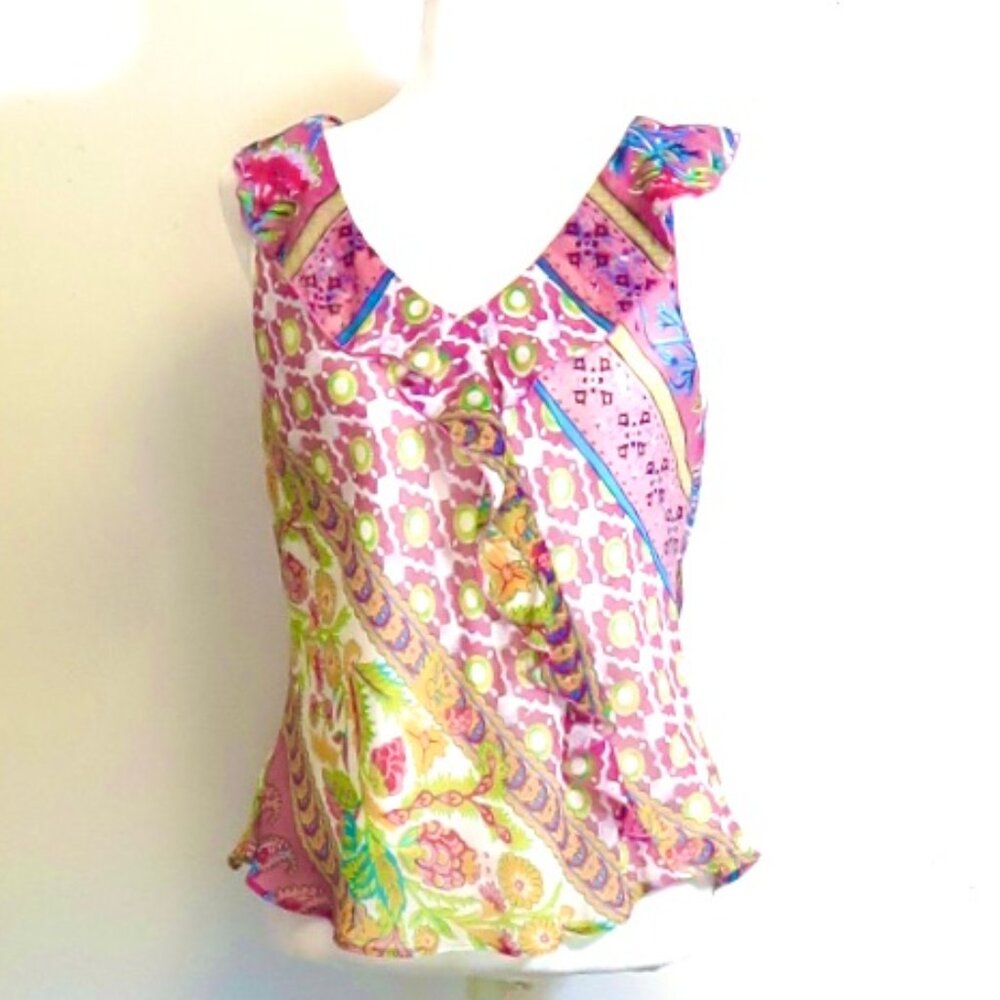 Lavendar Multicolor Pastels, Sleeveless Blouse with Ruffle, Size 12, Sheer-Lined